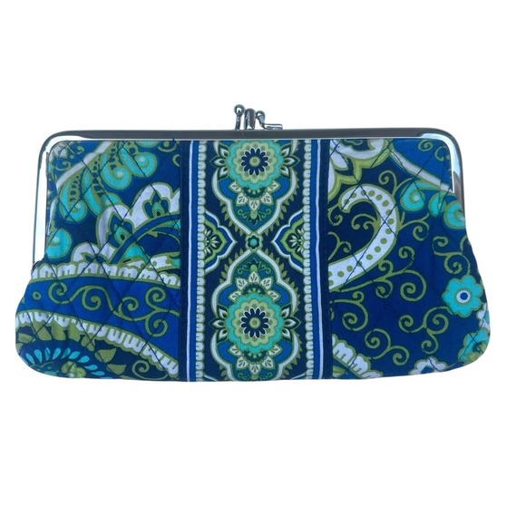 Vera Bradley Double Snap Wallet Paisley Teal Blue Clutch MultiColor Flowers - Picture 2 of 9